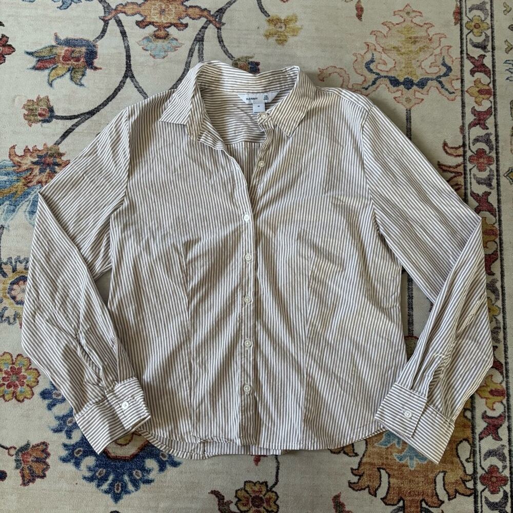 Old Navy The Slim Shirt Tan Pin Striped Collared Top Office Siren Medium
